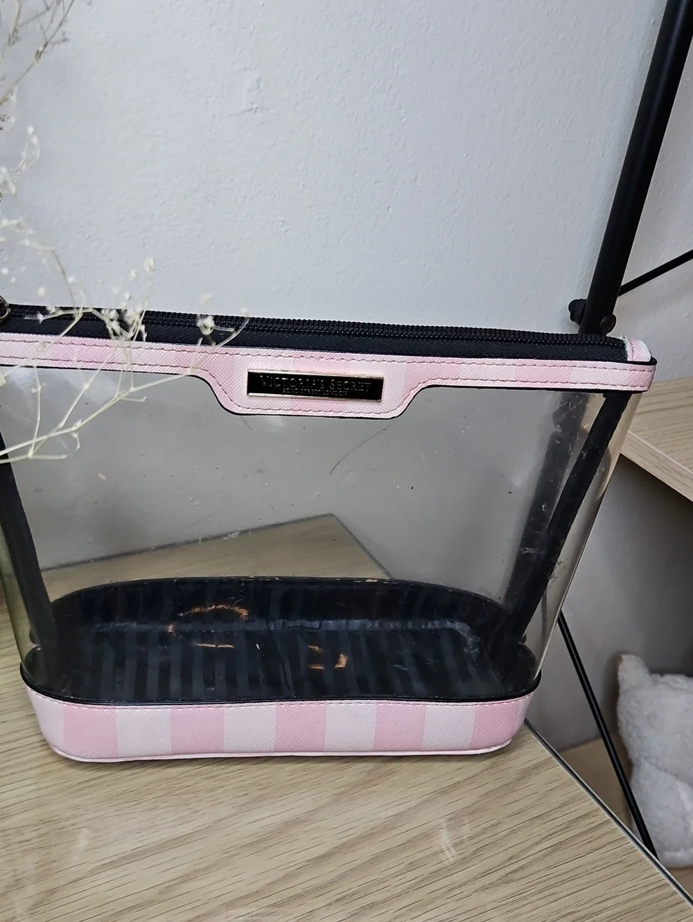 Victoria's Secret Clear Cosmetic Pouch with Pink Trim and Striped Base